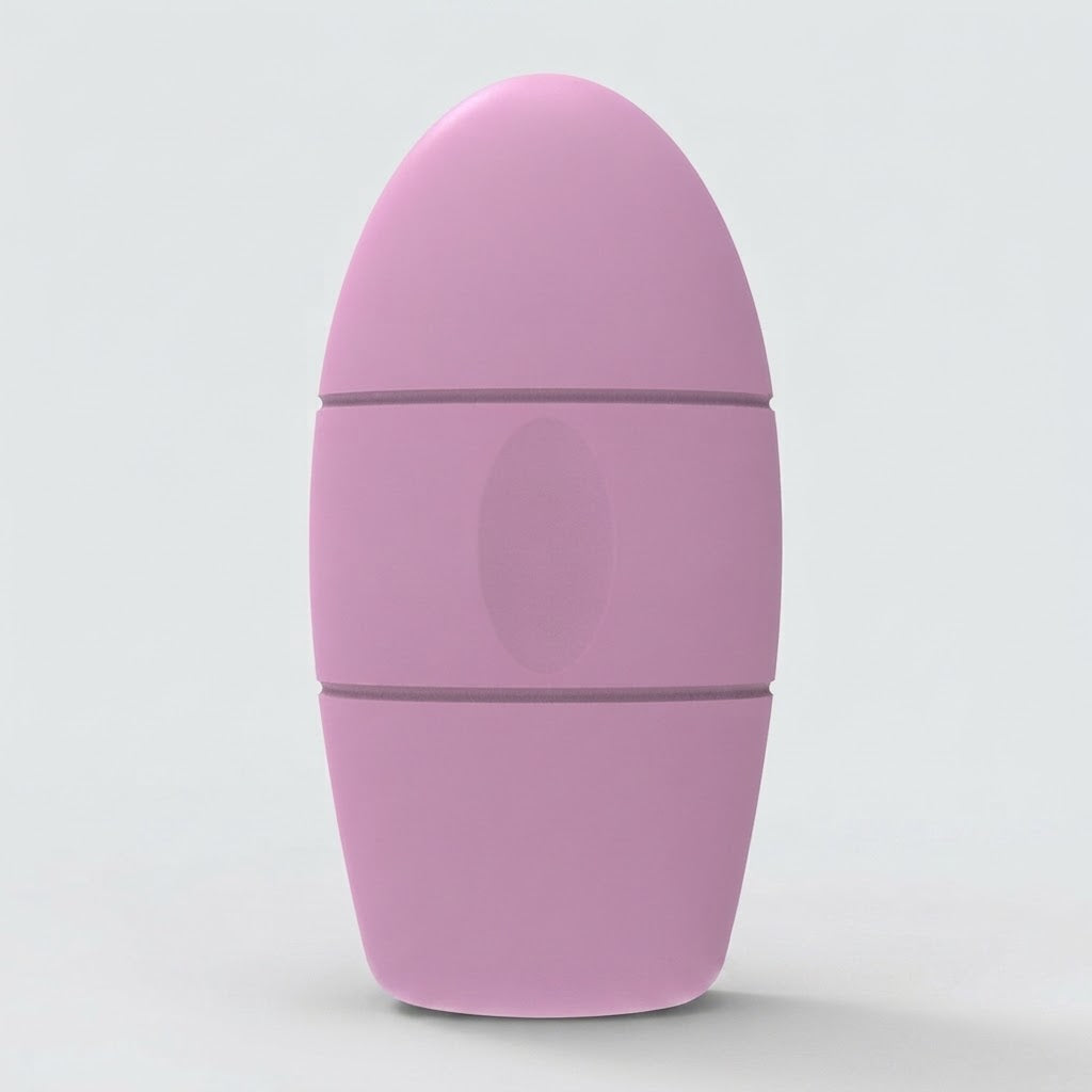 A pink egg-shaped personal massager with a matte finish, featuring three horizontal segments, shown on a light gray background.