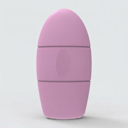 A pink egg-shaped personal massager with a matte finish, featuring three horizontal segments, shown on a light gray background.