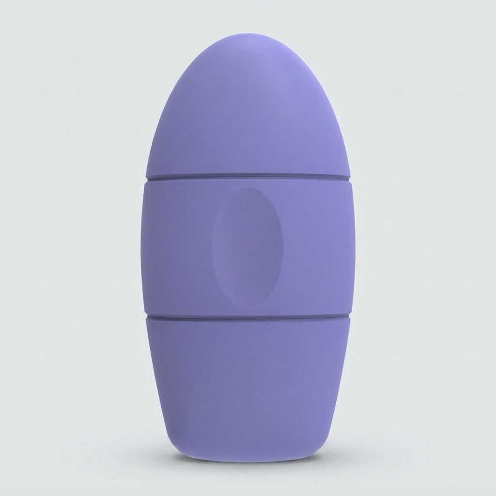 A lavender purple silicone personal massager with a rounded, egg-shaped design and segmented body, shown on a light gray background.