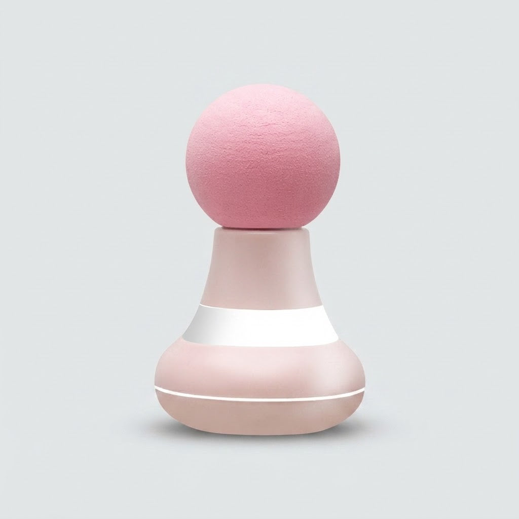 A pink and white massage or beauty device with a rounded pink head on a smooth, tapered pink base, set against a solid light gray background.
