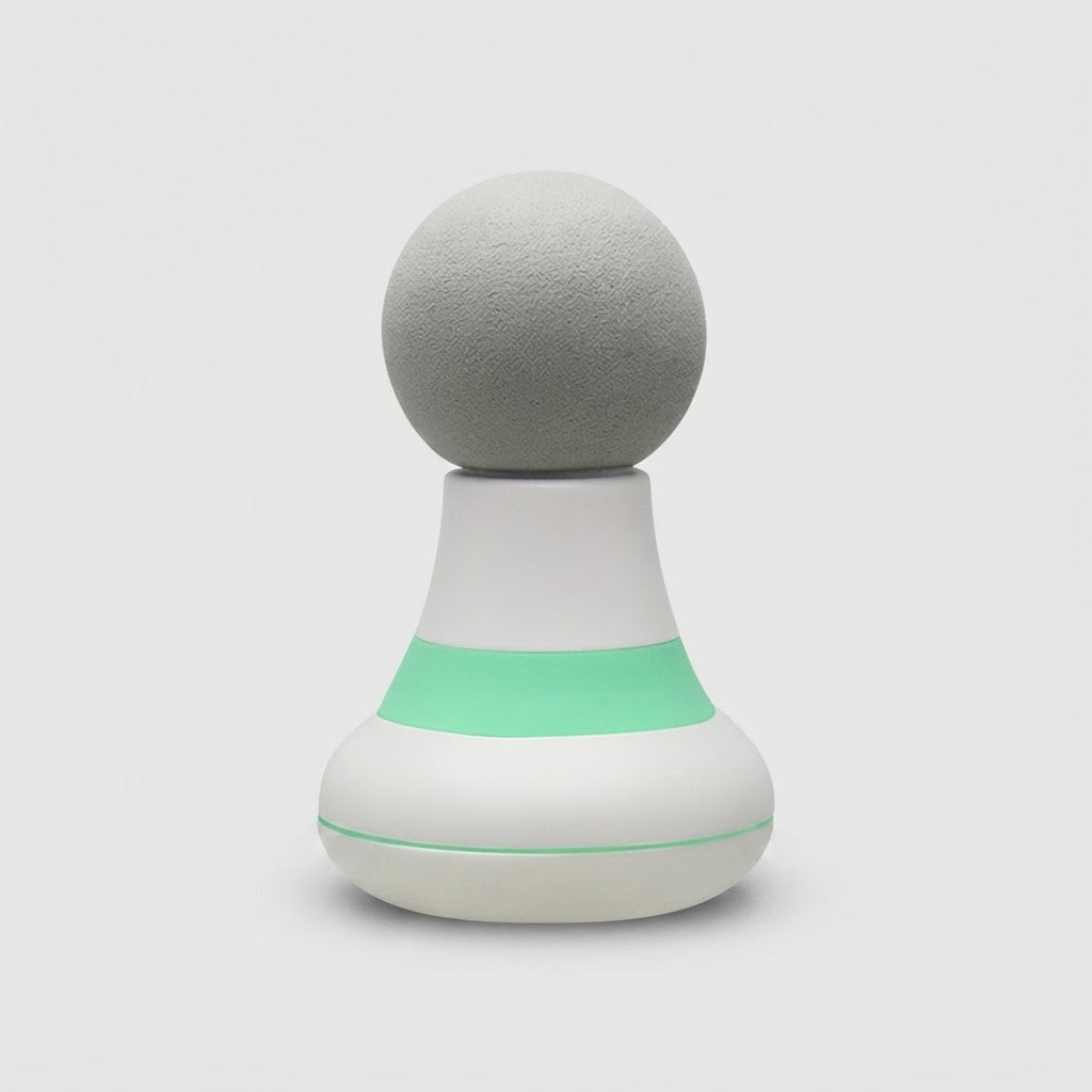 White cylindrical perfume bottle with black lid and text on a white background