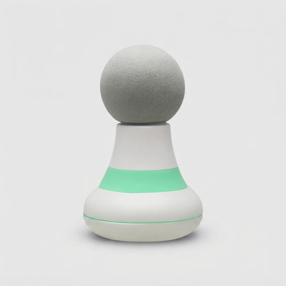 White cylindrical perfume bottle with black lid and text on a white background