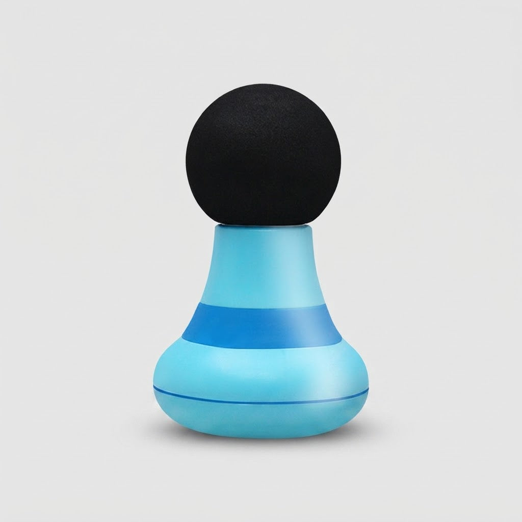A modern massage or beauty device with a black spherical head on top of a bulbous base, featuring a light blue body with a darker blue horizontal accent band, set against a neutral light gray background.