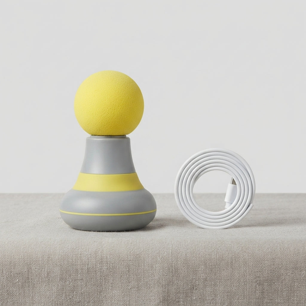 A modern desk lamp with a yellow spherical top, a gray and yellow textured base, and a coiled white charging cable placed beside it on a light beige fabric surface against a neutral light gray background.