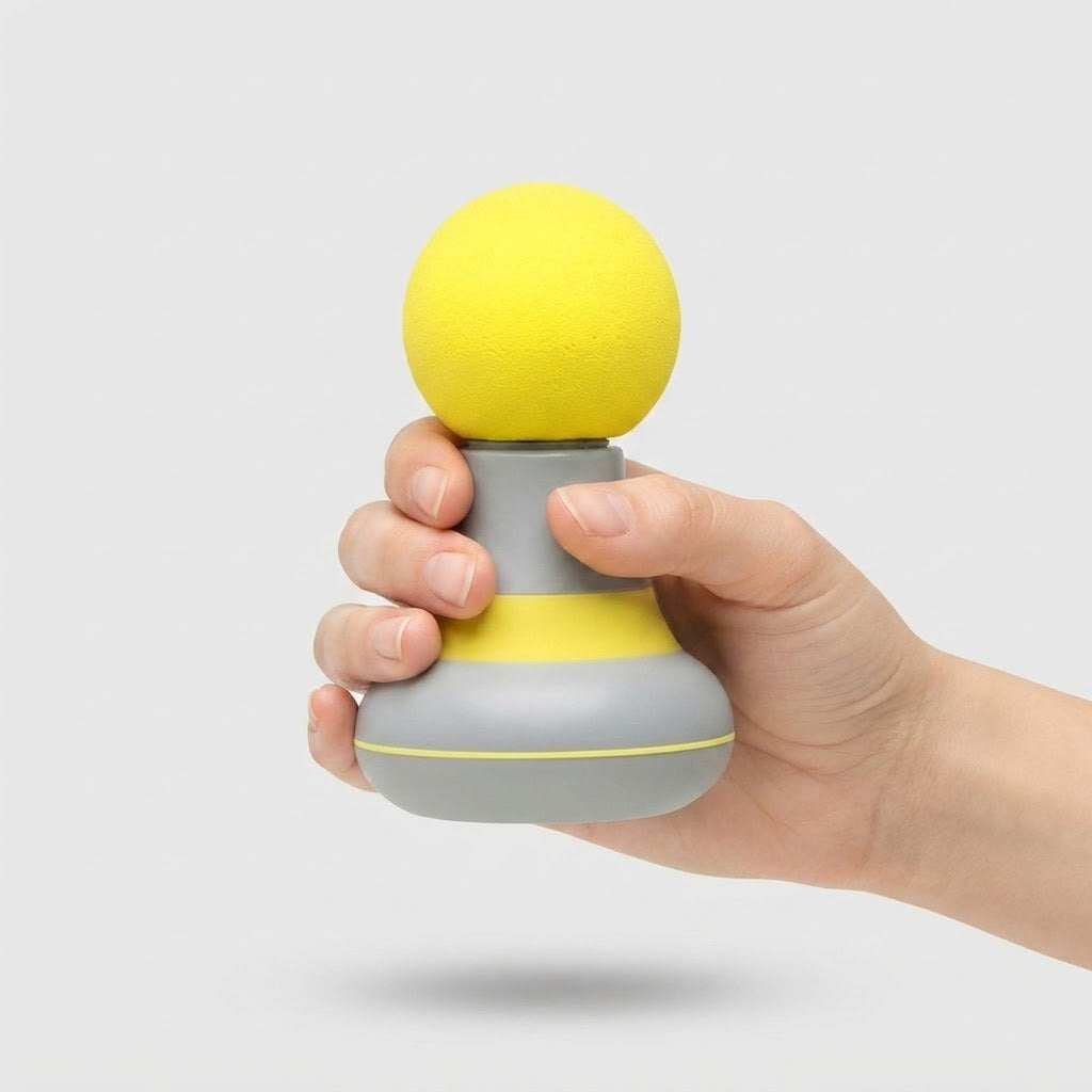 A hand holding a small handheld massager with a yellow foam ball on top, a gray body, and a yellow accent band, set against a light gray background.