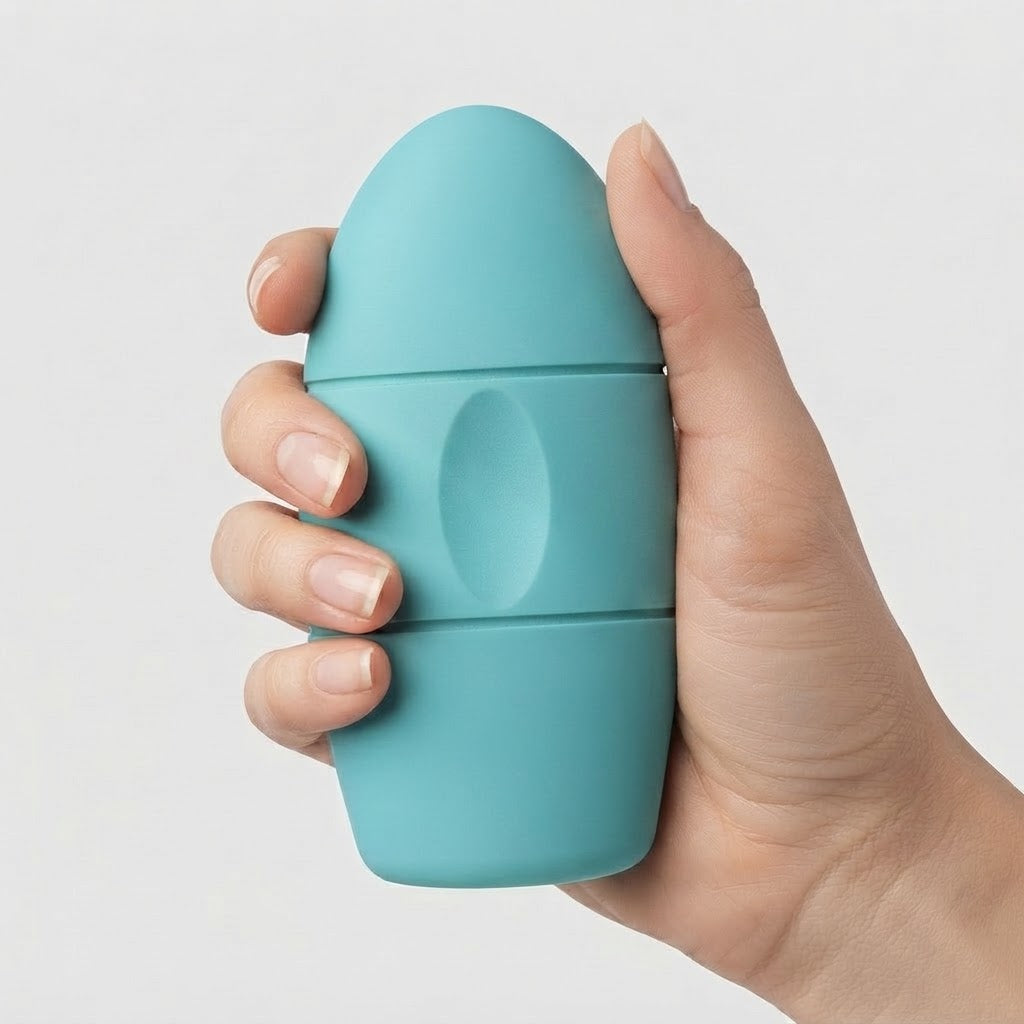 A hand holding a small, egg-shaped personal massager in a matte teal color against a clean, light gray background.