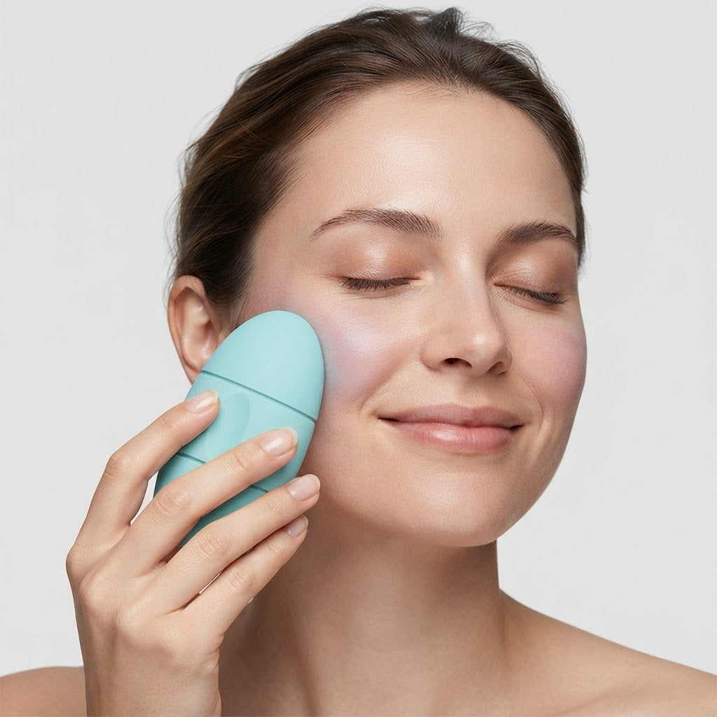 A woman with closed eyes holds a light blue oval-shaped facial cleansing device against her cheek, shown in a close-up shot against a light gray background.
