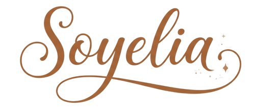 The brand name 'Soyelia' is displayed in a warm brown cursive script font, centered on a solid white background.