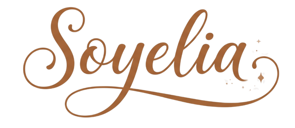 The brand name 'Soyelia' is displayed in a warm brown cursive script font, centered on a solid white background.