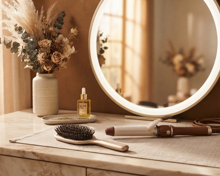 A styled vanity scene with a round backlit mirror, a marble countertop, a hairbrush, a curling iron, a small bottle, and a vase of dried flowers in a warm indoor setting.