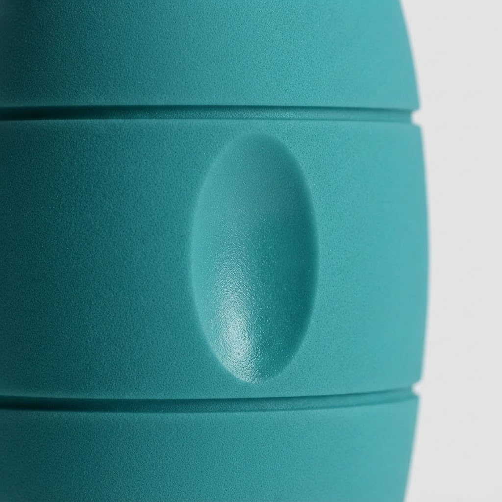 Close-up of a teal-green insulated container or bottle with a matte finish and horizontal ridges, showing a central oval protrusion on a light gray background.